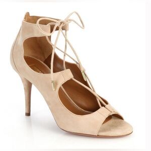 Aquazzura Christy lace up strappy heels suede beige nude open toe womens 39